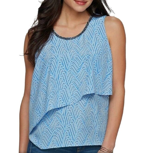 JUICY Couture Blue Waves Tiered Blouse Top Studded Rhinestone Neckline - Picture 3 of 14